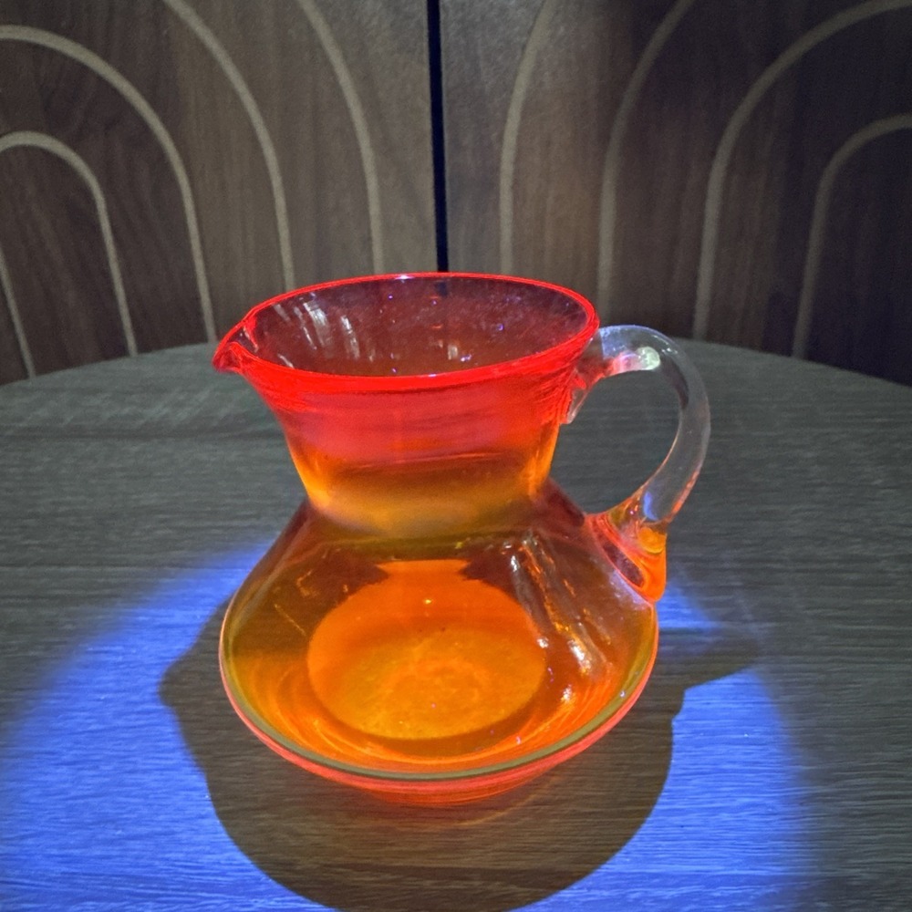 Vintage Amberina Art Glass Miniature Pitcher Red Yellow Ombre Hand Blown 3.5"